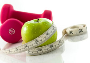 Picture of apple, tape measure, and weights